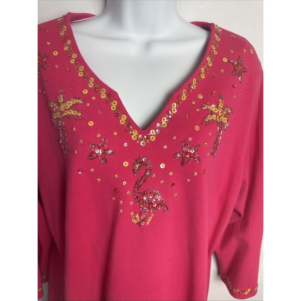 Quacker Factory Womens Shirt Large Pink Flamingo Colorful Fun Cruise Vacation - Picture 3 of 11